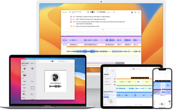 Pompom podcasting studio running on a mac desktop, laptop, iPad and iPhone